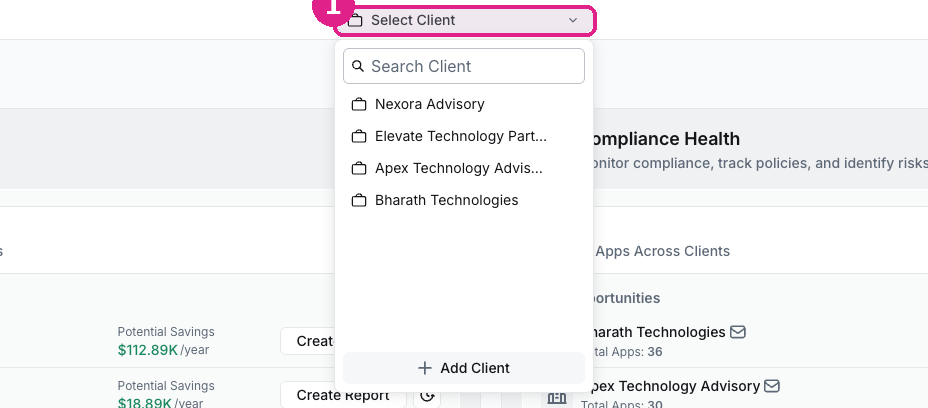 Top bar with the Select Client dropdown open