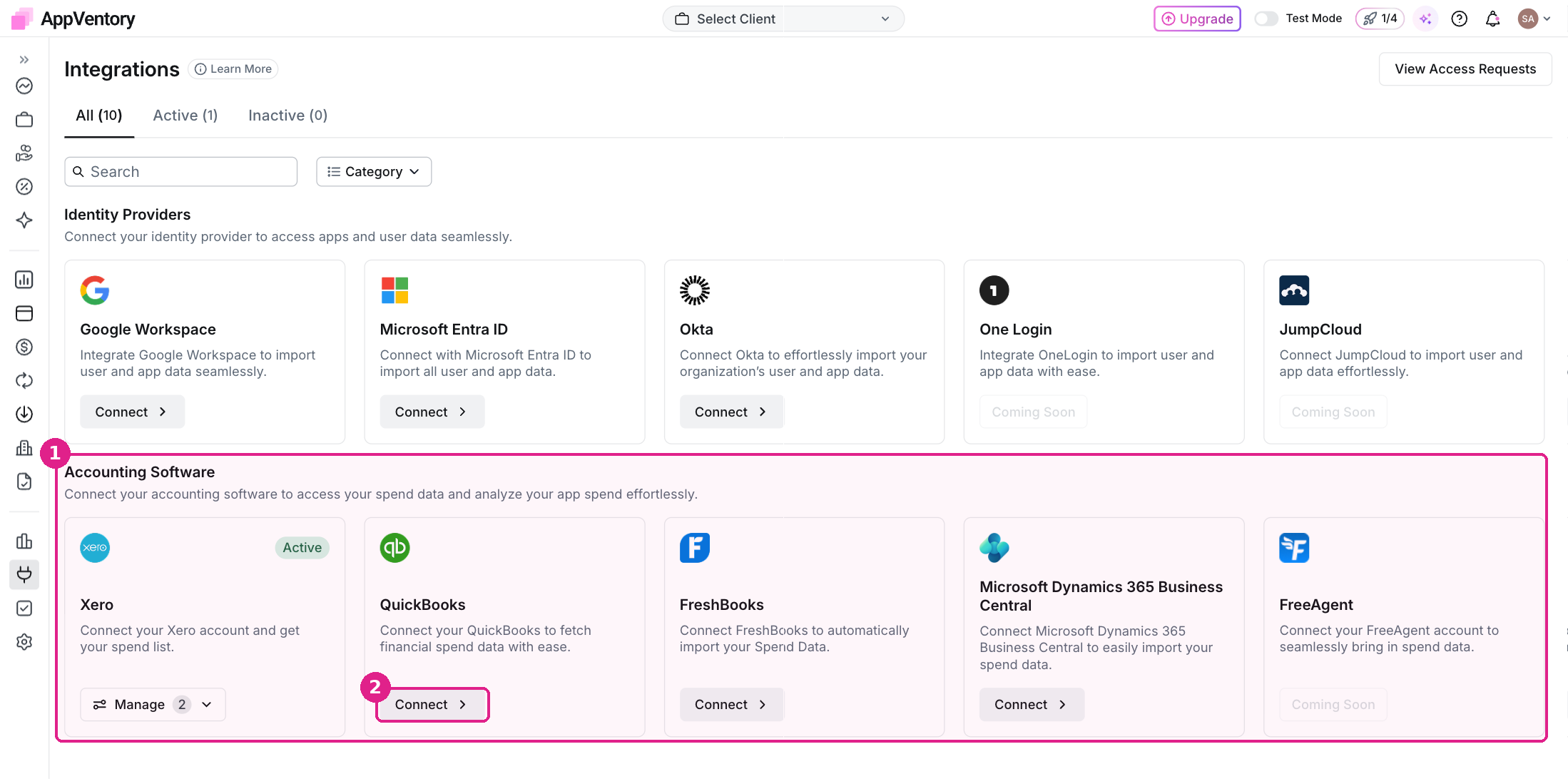 Integrations page with the Accounting Software section and a Connect button
