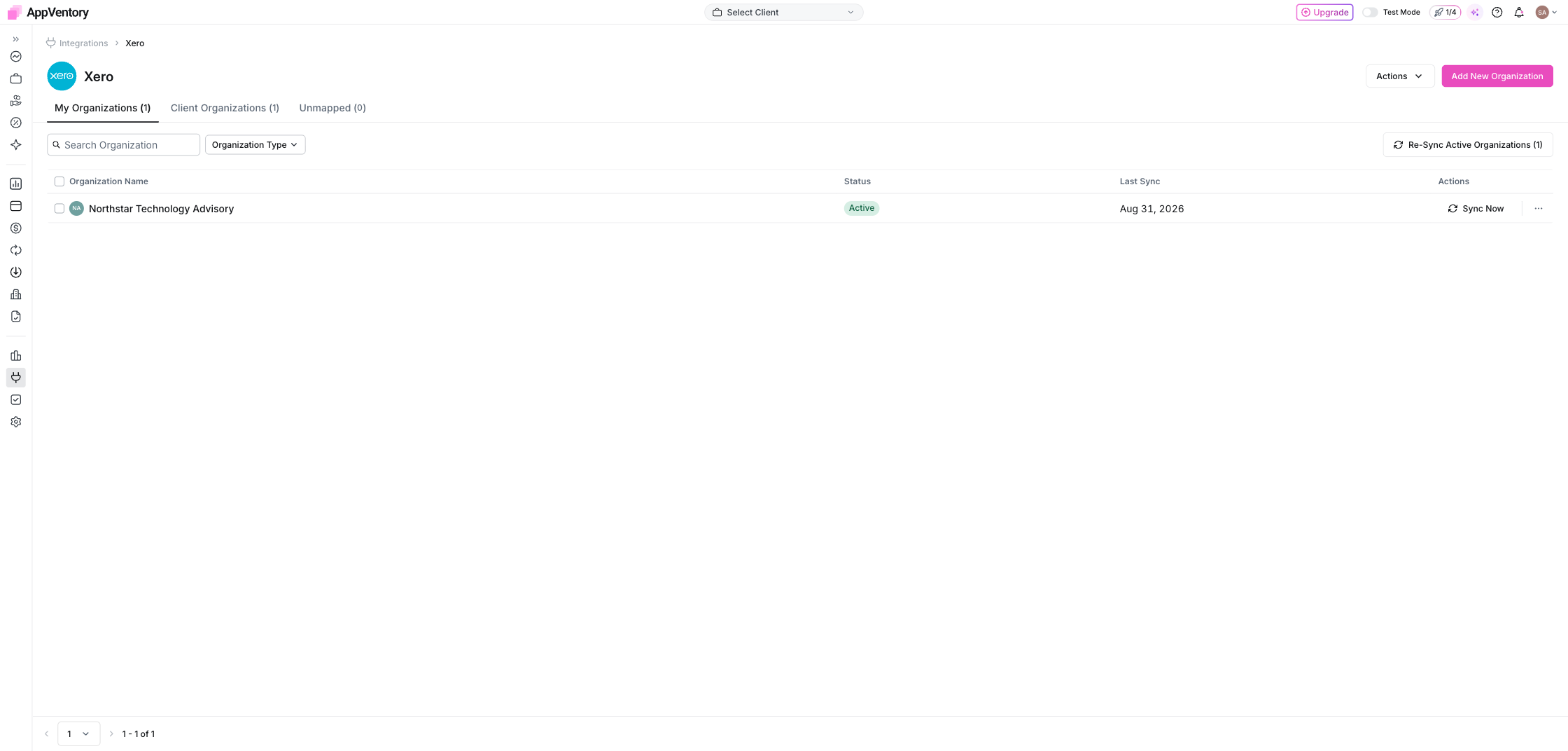 Accounting integration Manage view showing My Organizations, Client Organizations and Unmapped
