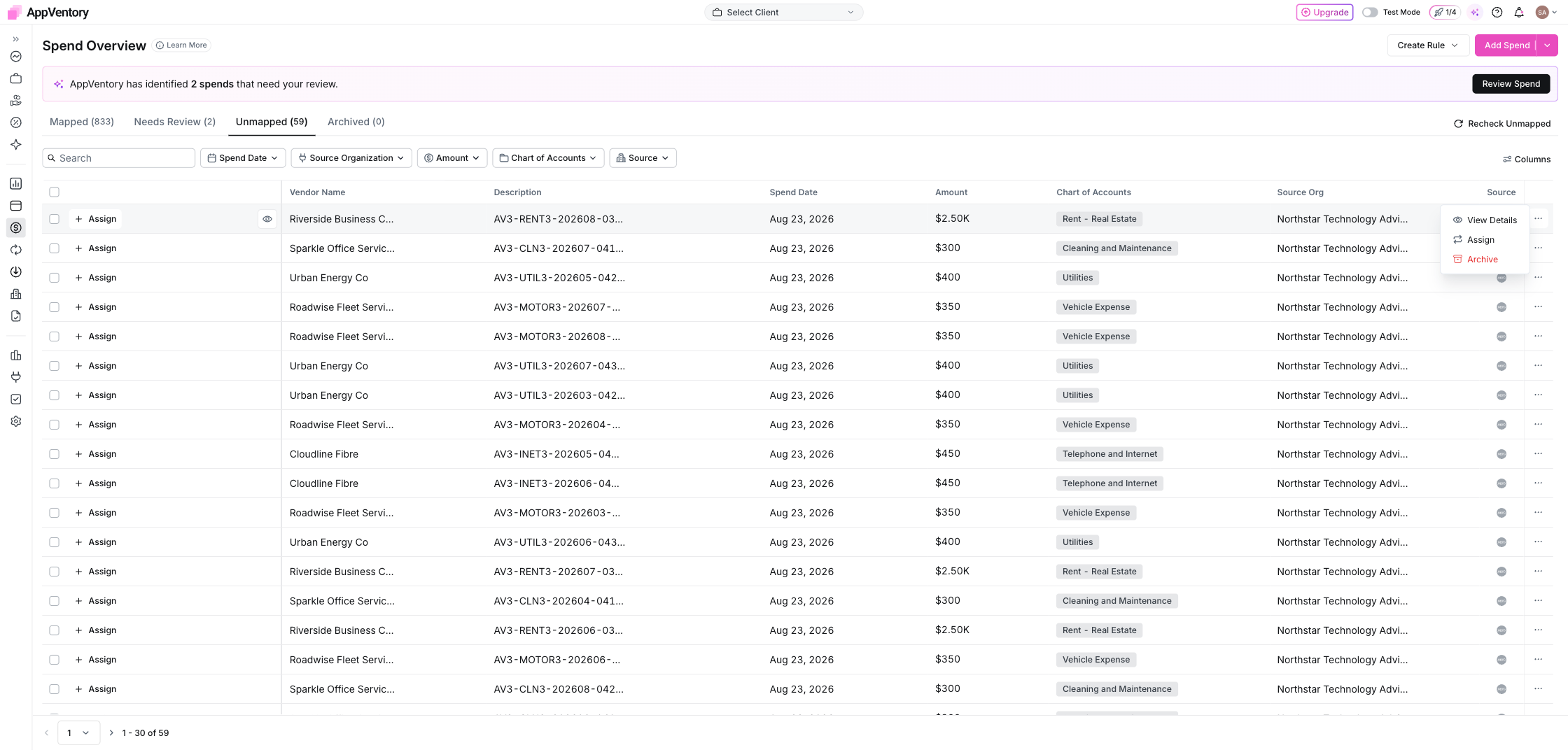 Spend Overview Unmapped tab with a row's Assign action open