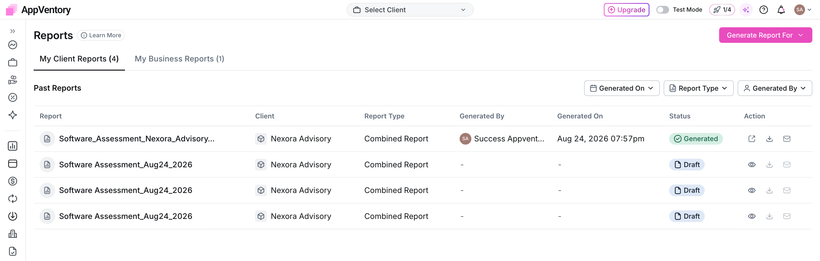 Reports archive with the available actions