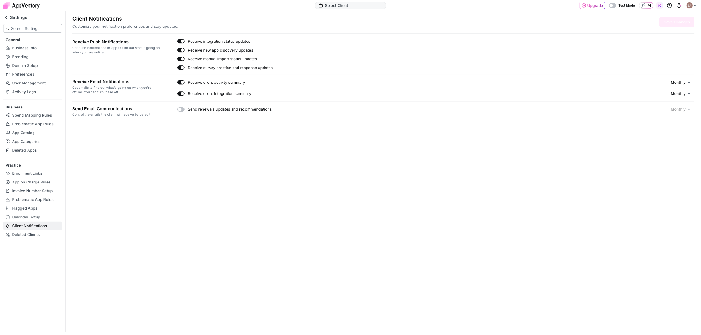 Client Notifications settings