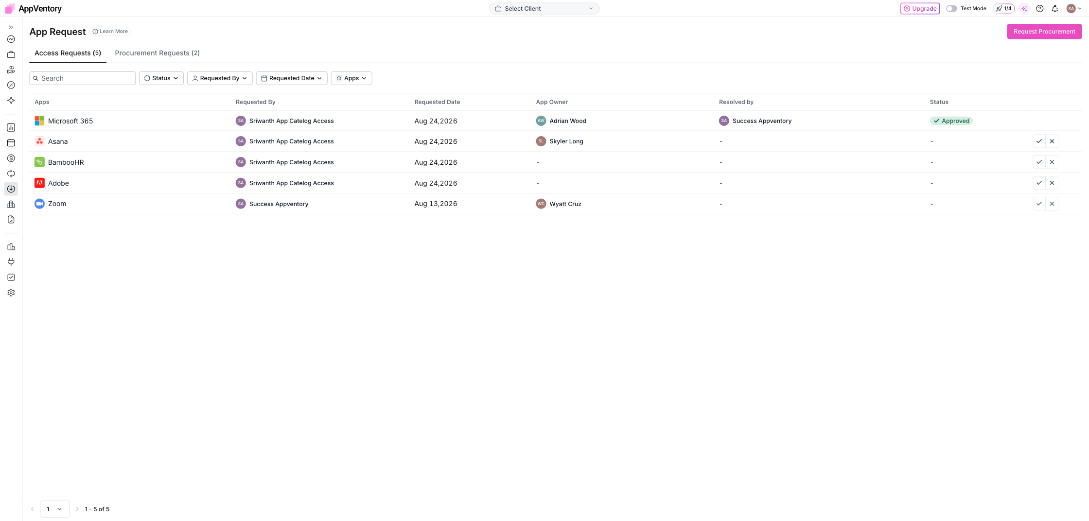 App Request queue with approve and reject actions