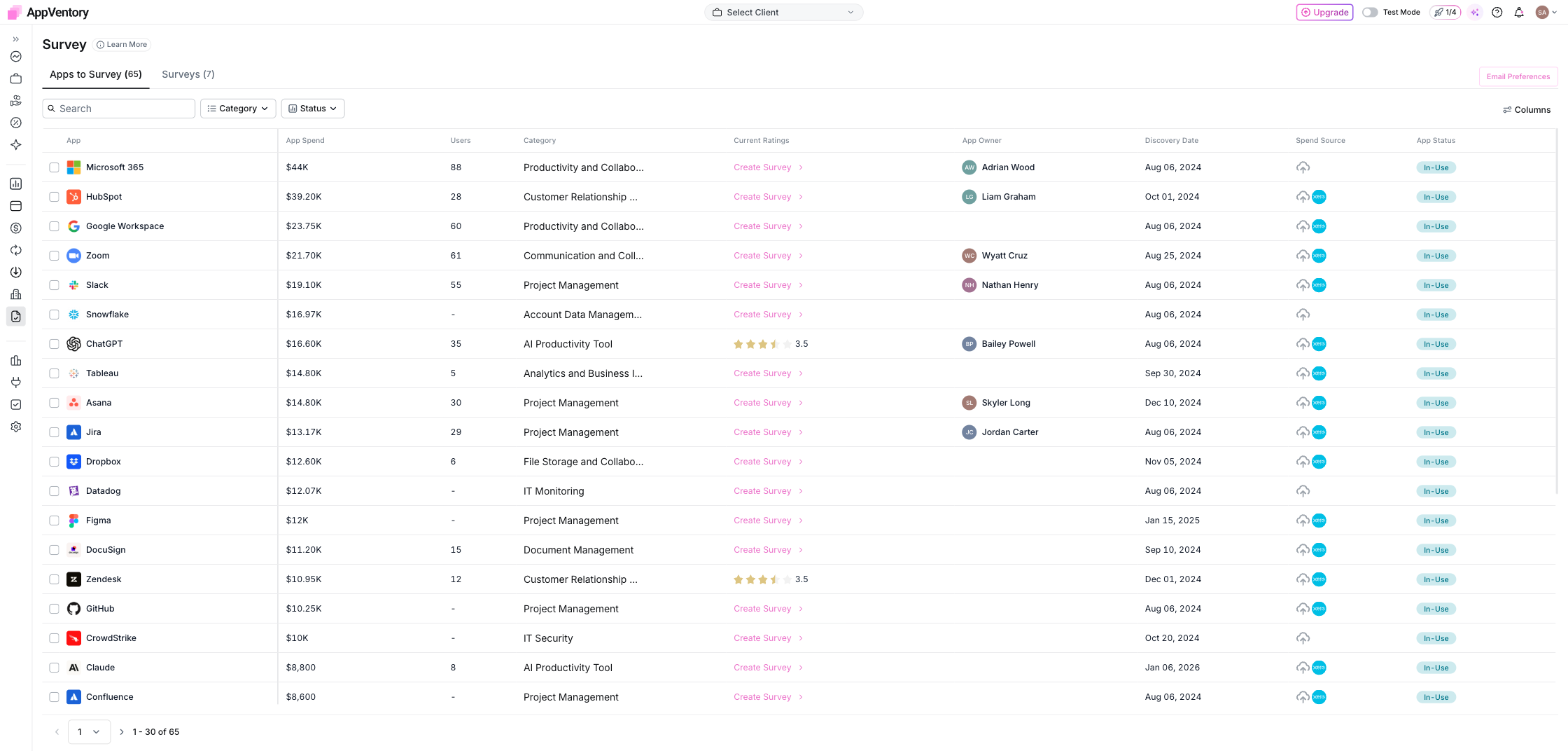Surveys with apps to survey and survey status