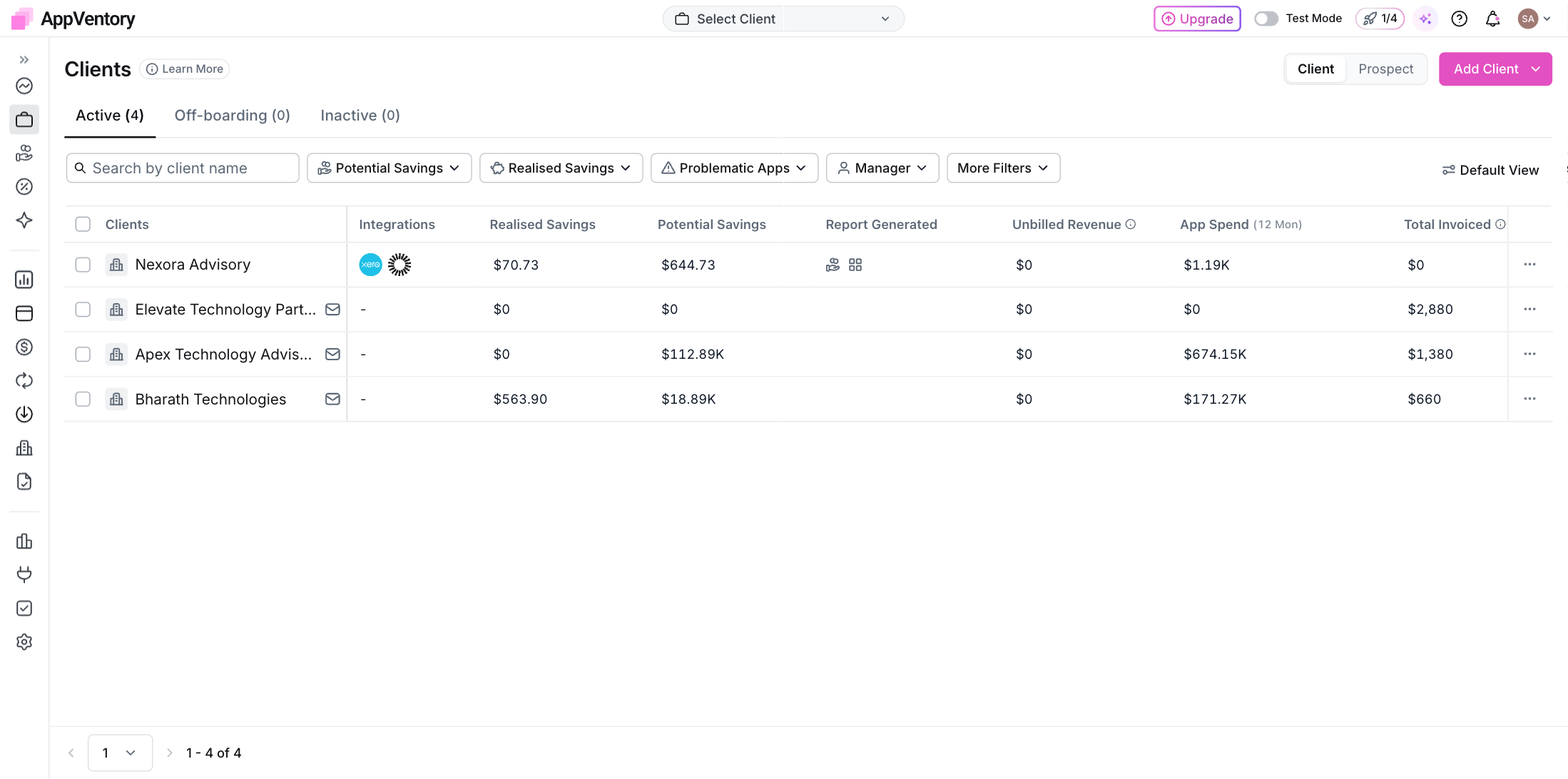 Clients list with savings, spend and renewal columns